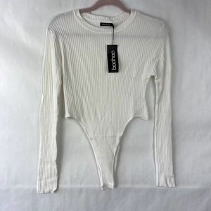 Boohoo Ribbed Long Sleeve Bodysuit High Cut Womens Size Small White